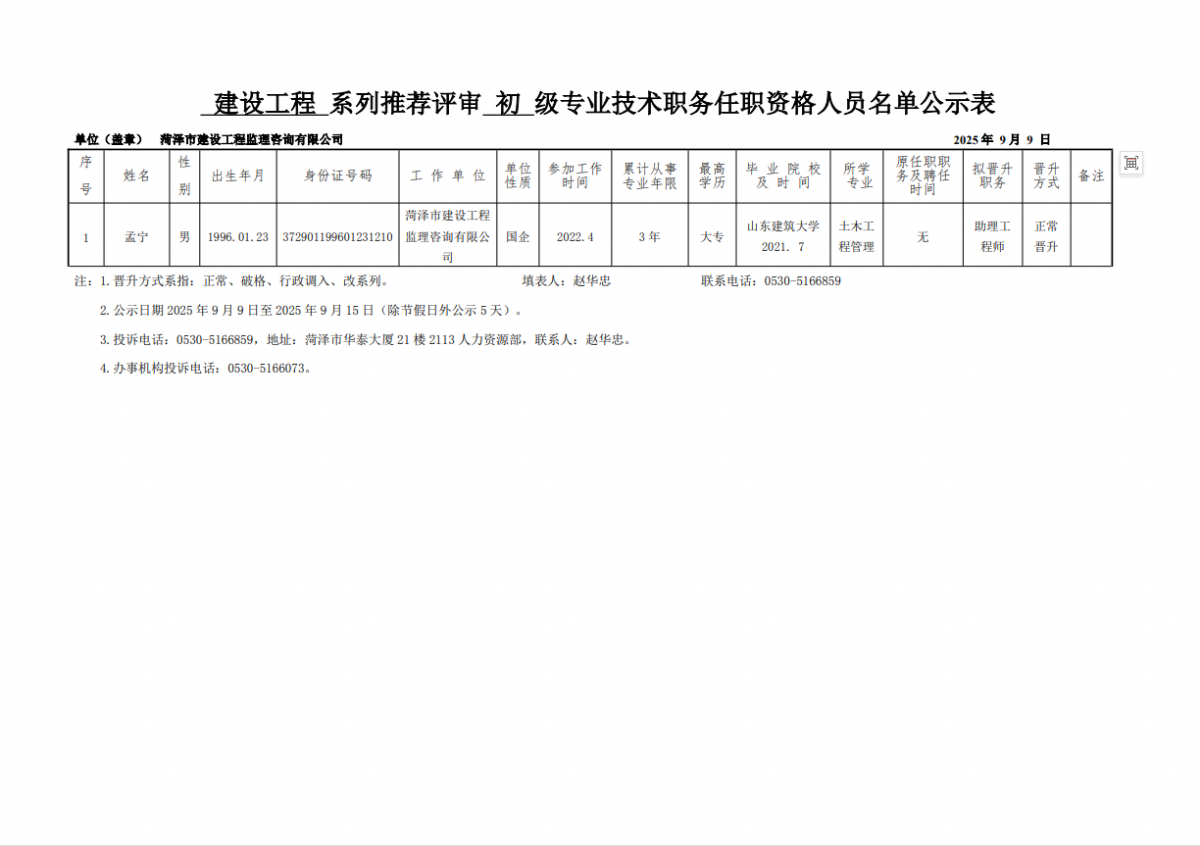 2025年申報評審系列推薦評審初級專業技術職務任職資格人員名單公示表