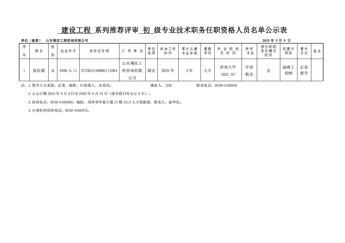 2025年申報評審系列推薦評審初級專業技術職務任職資格人員名單公示表（翔實公司）